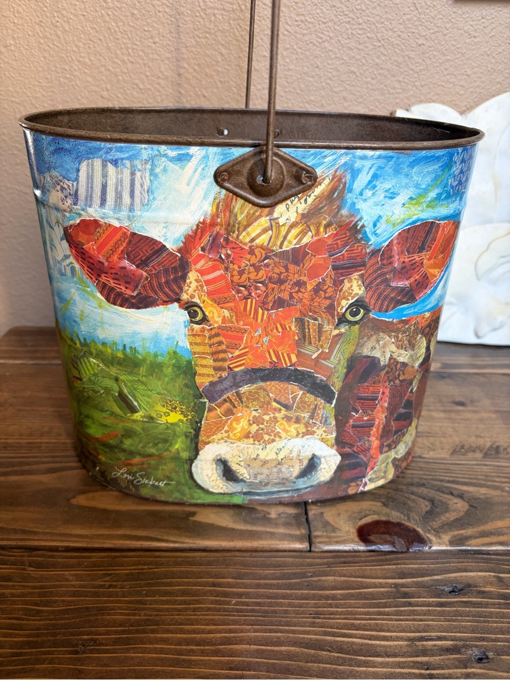 Lori Siebert Metal Can Wood Handle Cow Print Bucket Waste Paper Basket
